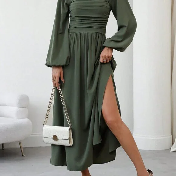 Green Elegant Women's Casual Square Neck Pleated Lantern Sleeve Dress - Picture 6 of 7
